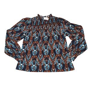 Bindu Malia Top Womens XS Blue Brown NWT Smocked Ikat Cotton Blouse